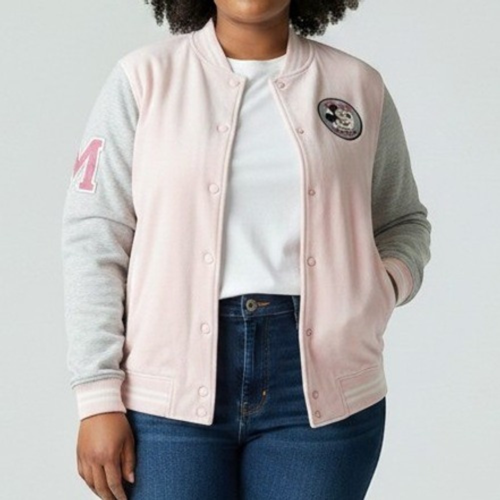 Disney Mickey Mouse Club Jacket Womens S Pink Varsity Bomber Disney 100 Graphic